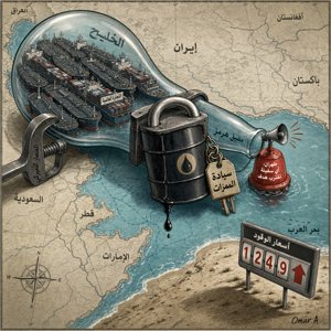 خارطة الخليج تُرسم كزجاجة شفافة متمدّدة على خريطة ملاحية، وعنقها الضيّق هو مضيق هرمز. على العنق قفل ضخم جسده برميل نفط يطبِق كمزلاج، تتدلّى 