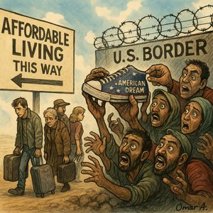 A chaotic scene depicting a group of diverse people trying to cross the U.S. border, fighting over the last pair of 'American Dream' sneaker