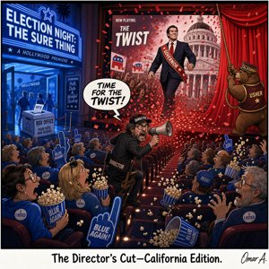 Setting: A Hollywood-style movie premiere titled “Election Night: The Sure Thing.” The theater marquee is drenched in blue neon, and a crowd