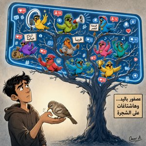 مشهد شاب واقف تحت شجرة تتحول فروعها إلى شاشة هاتف عملاقة. فوق الأغصان عشرة عصافير مبهرة بألوان لامعة تتصرف كـ"مؤثرين": واحد أمام حلقة إضاءة،