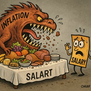 An animated character representing a person's salary is depicted as a buffet table, where inflation is illustrated as a monstrous creature d